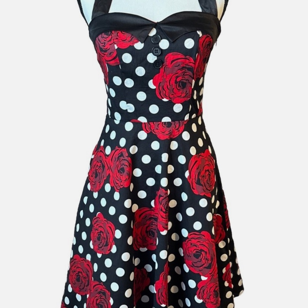 Elegant Black and Red Floral Polka Dot Dress